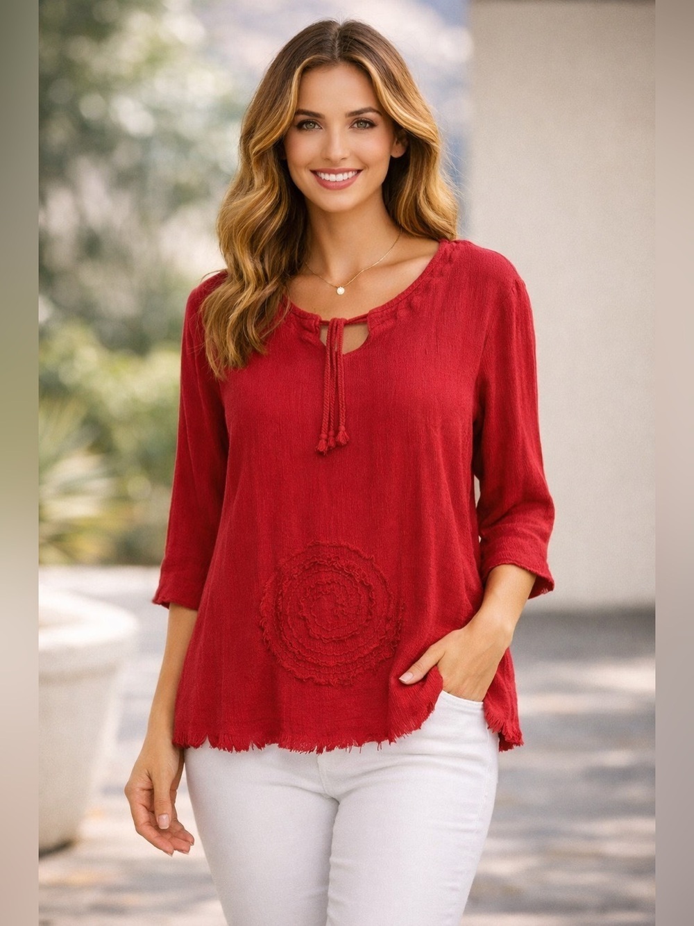NWT Oh My Gauze! Tunic Dress Sz OS Minimalist Lagenlook Red Ruby Geo Cotton